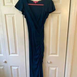 Betsey Johnson Deep-Green Blue Maxi Dress ruched side
